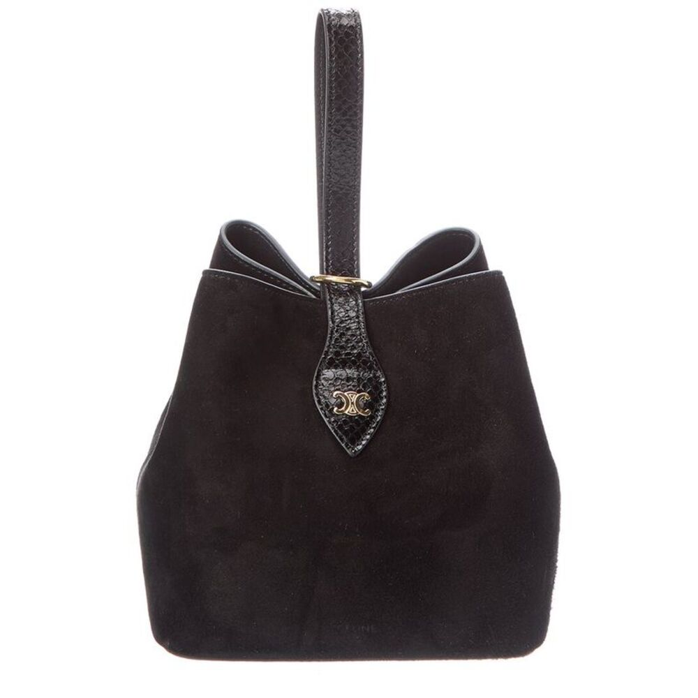 Celine Amber Suede & Python-Embossed Leather Bucket Bag, Black